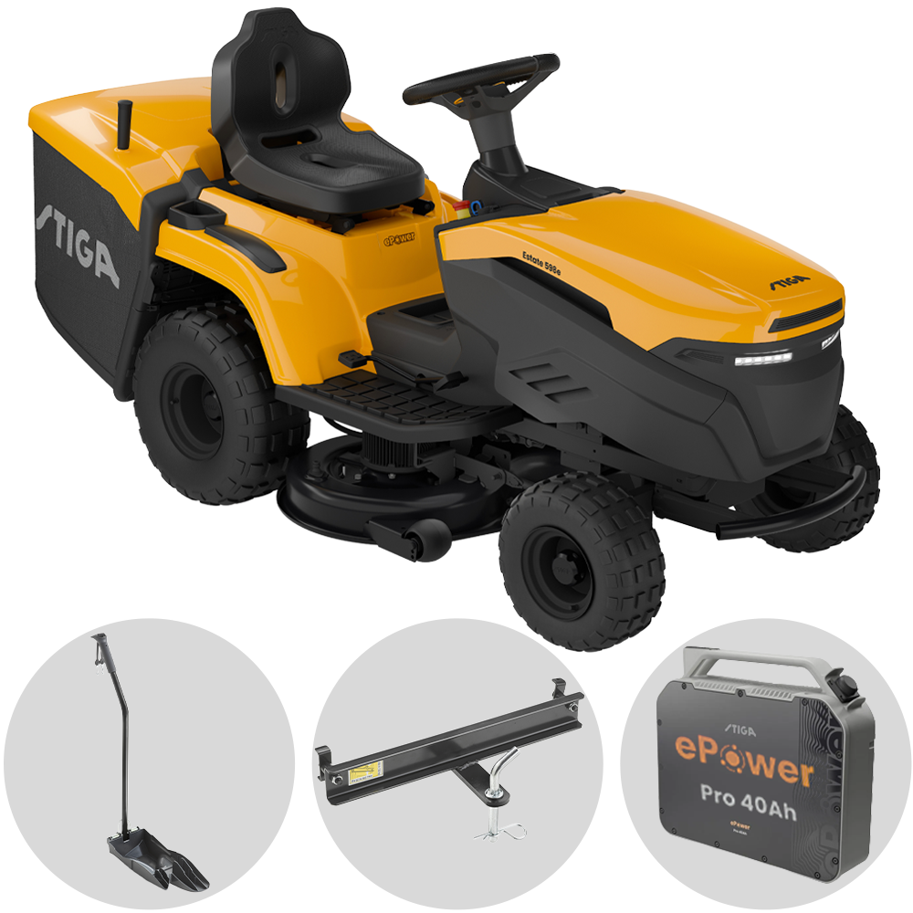 Stiga Estate 598e - Kit Tracteur tondeuse avec 1 module de batterie ePower Pro de 56V40Ah - Bac de ramassage et mulching - GAILLAC JARDINAGE Stiga Estate 598e - Kit Tracteur tondeuse avec 1 module de batterie ePower Pro de 56V/40Ah - Bac de ramassage et mulching